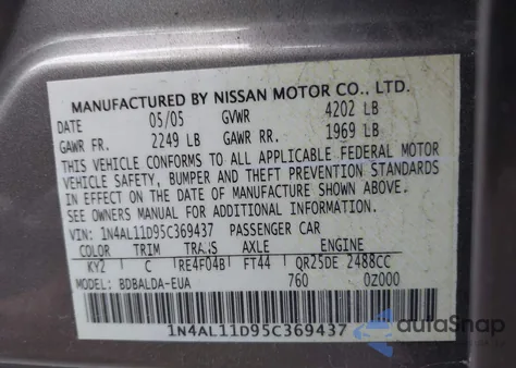 2005 Nissan Altima 2.5 S from USA, damaged, VIN 1N4AL11D95C369437